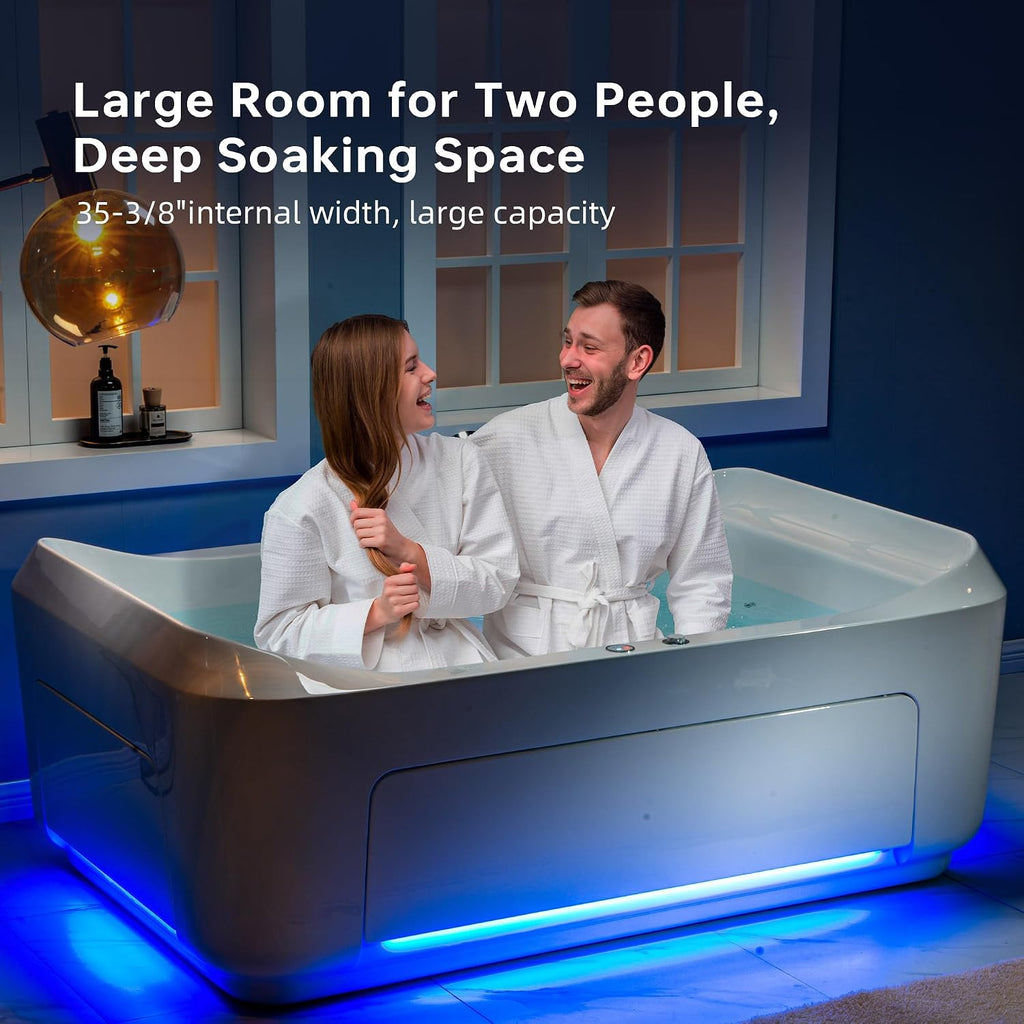 WOODBRIDGE 70-7/8'L x 47-1/4'W 2 Person Freestanding Hydrotherapy Whirlpool and Air Bath Heated Soaking Combination Massage Tub with Adjustable Speed Air Blower and Display Control Panel, B0091