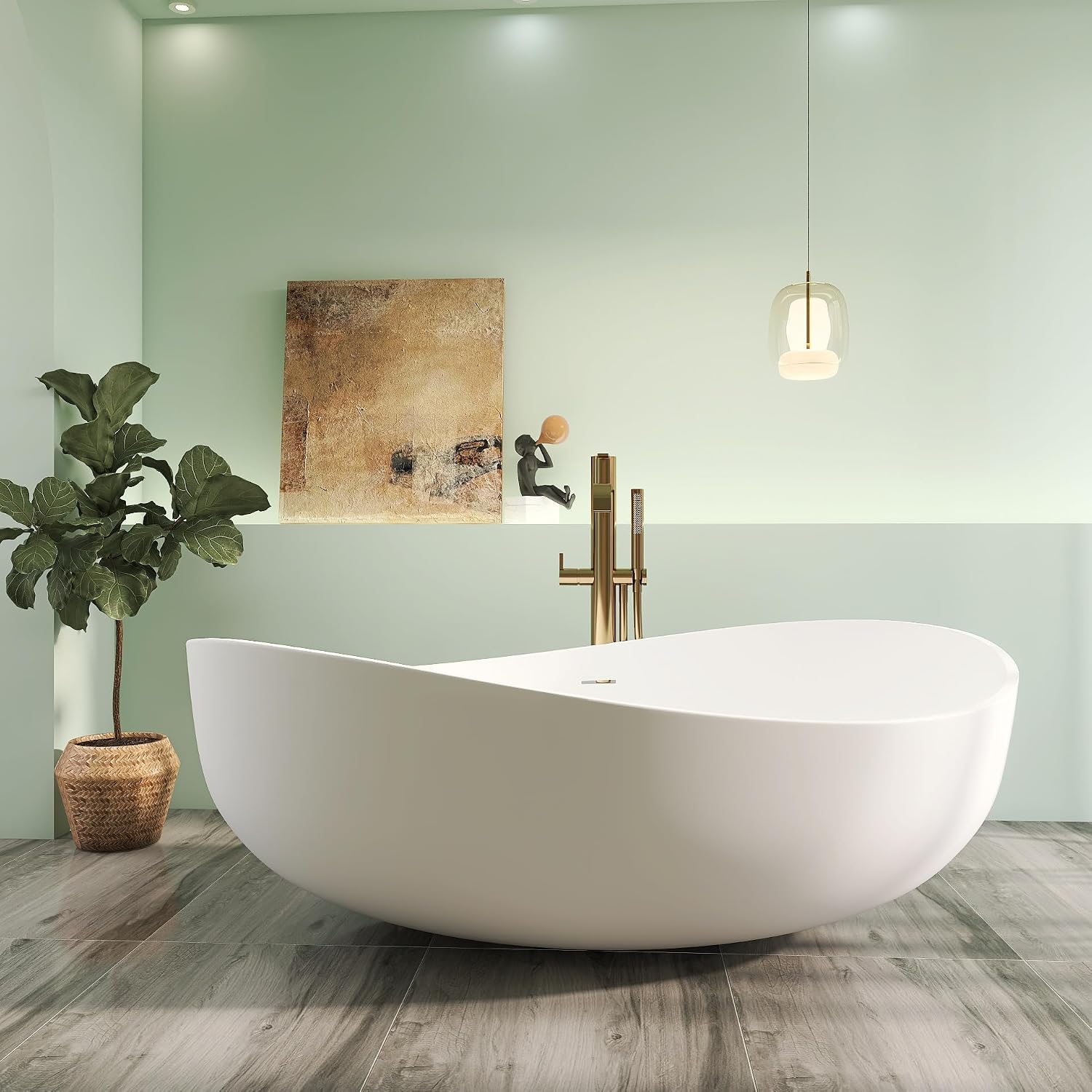 71' Premium Solid Surface Freestanding Bathtub, Unique Oval Stone Resin Tub with Overflow and Pop-up Drain, Matte White