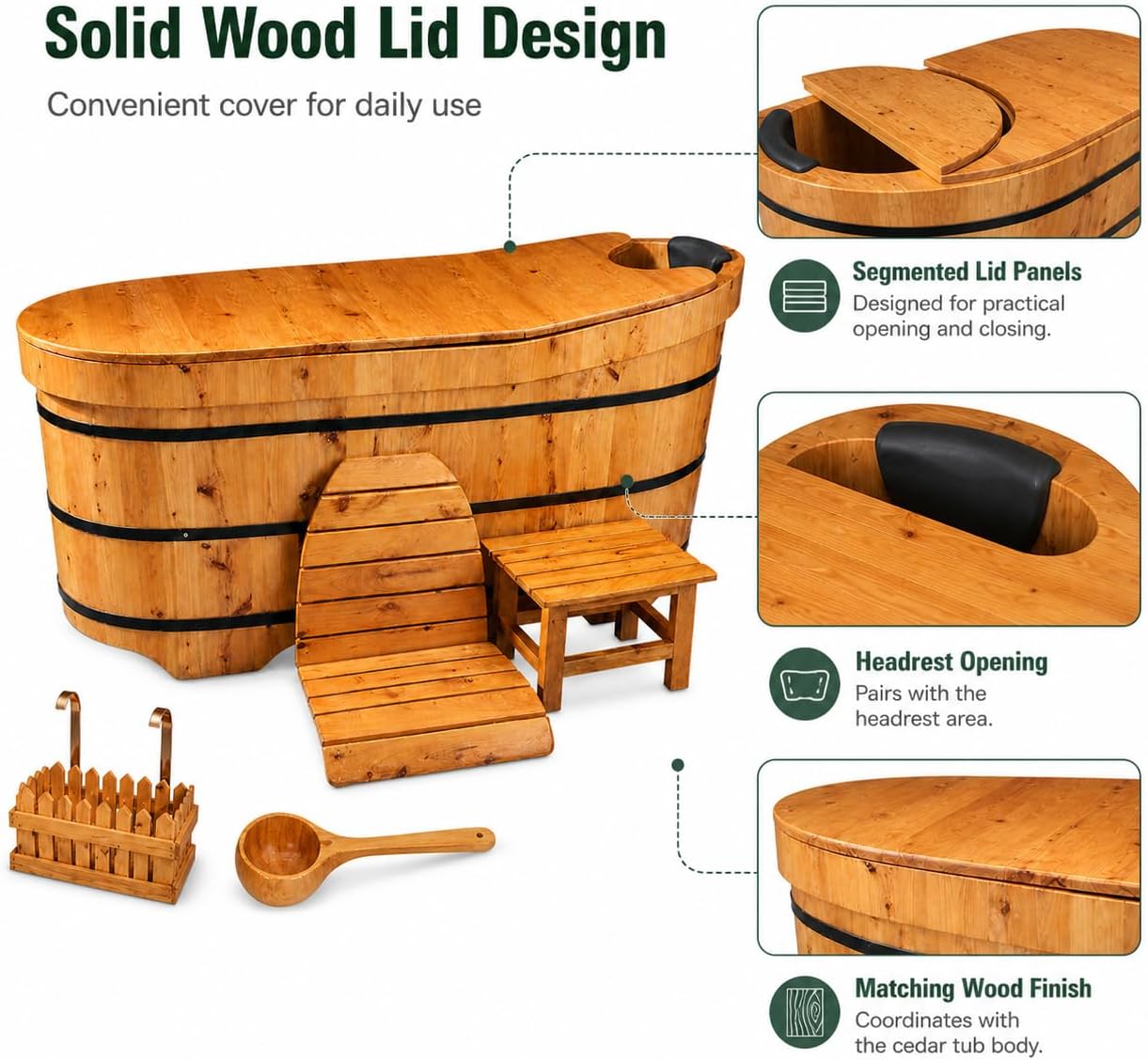 Multiple Sizes Soaking Tub Cedar Wood To Make An Adult Wooden Bathtub With Multiple Accessories To Combine Bathing Japanese Wooden Bathtubs (Natural Wood Color - Standard Package, 47.24 IN)