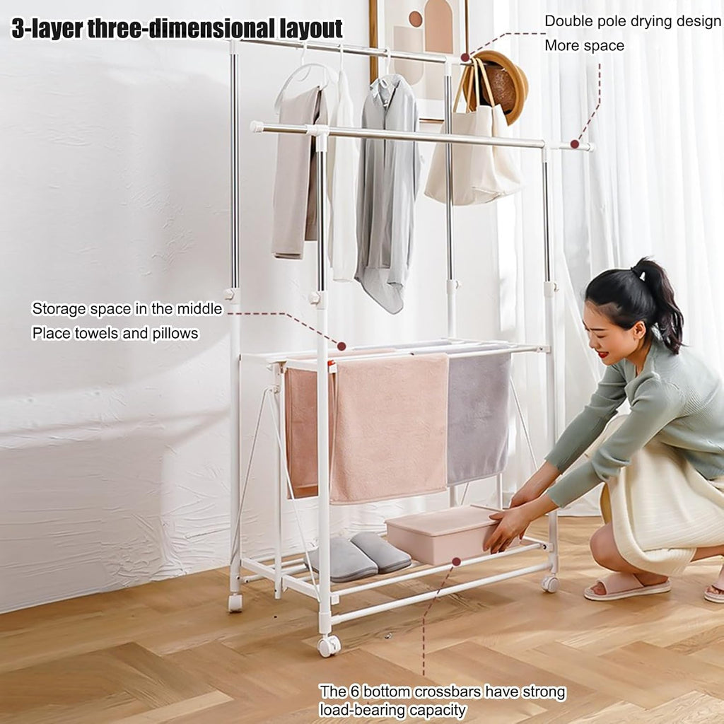 Clothes Drying Rack Foldable,Clothing Drying Rack 3-Tier Collapsible Four-Legged Clothing Rack,Free-Standing Large Drying Rack,Portable Garment Rack, for Laundry,Indoor, and Outdoor ( Color : White ,