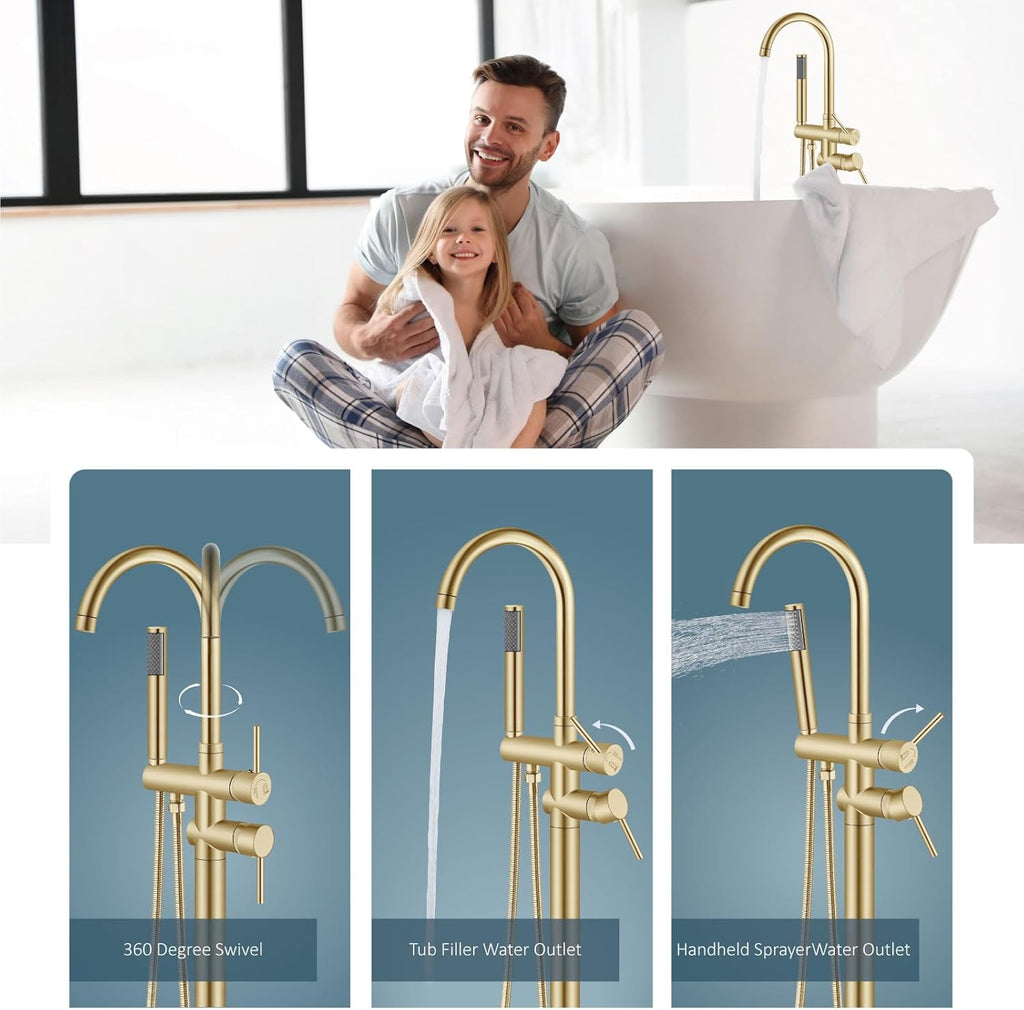 Aolemi Floor Mount Bathtub Faucet Freestanding Tub Filler Standing High Flow Shower Faucets Shower Mixer Taps, Swivel Gooseneck Spout with Cylinder Handheld Brushed Gold