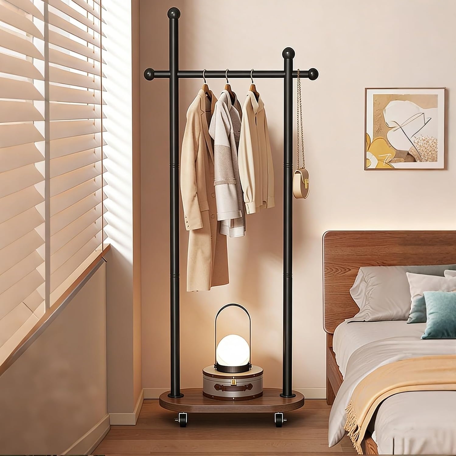 Rolling Coat Rack with Storage Shelf - Freestanding Garment Racks Hanger Stand, Clothes Rack for Entryway/Bedroom, Industrial Metal & Wood Organizer with Caster Wheels(Black,80cm(31.5in))