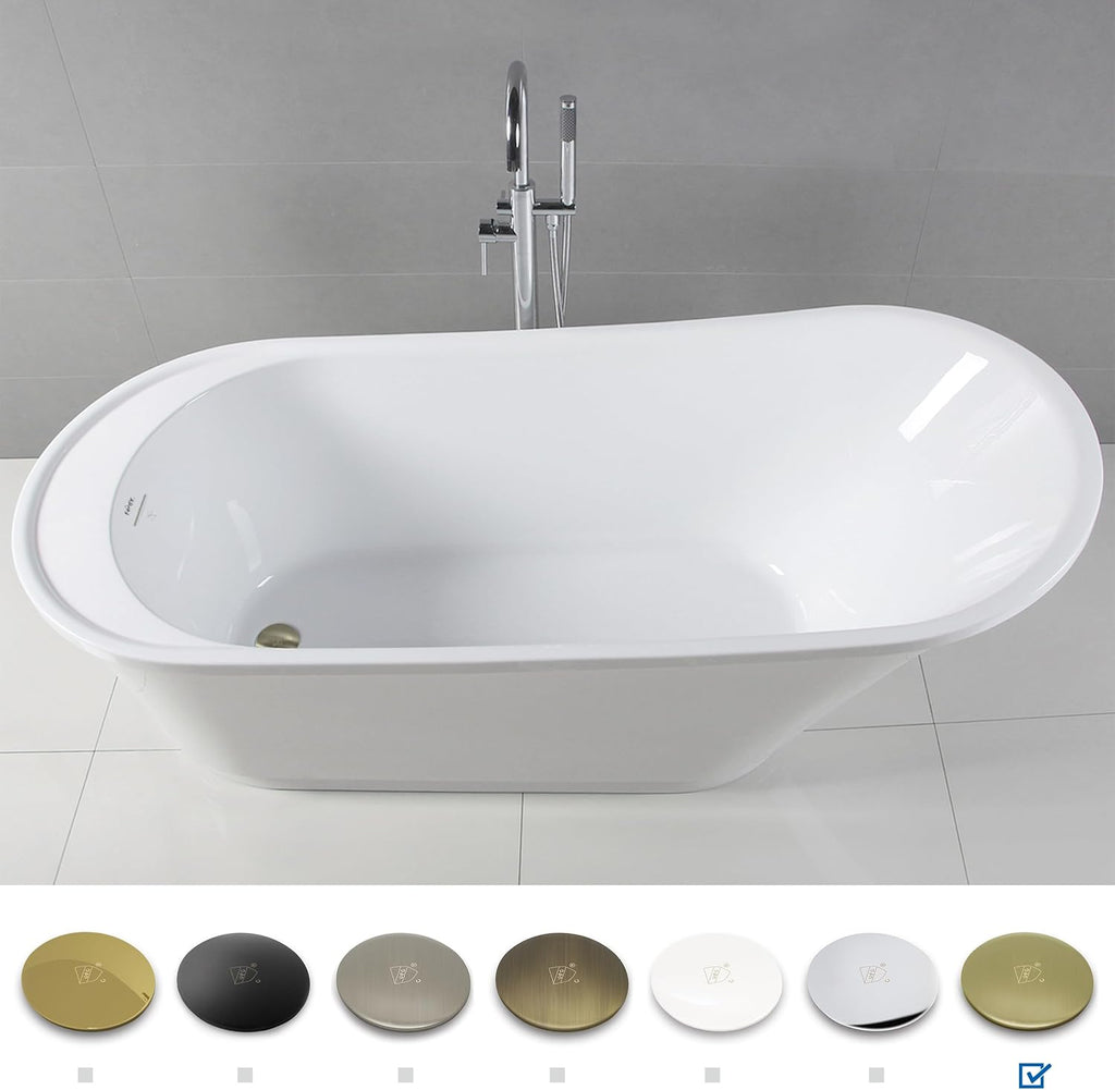 FerdY Langkawi 67' Acrylic Freestanding Bathtub, White Modern Stand Alone Soaking Bathtub, cUPC Certified, Brushed Gold Drain and Minimalist Linear Design Overflow Included, Easy to Install