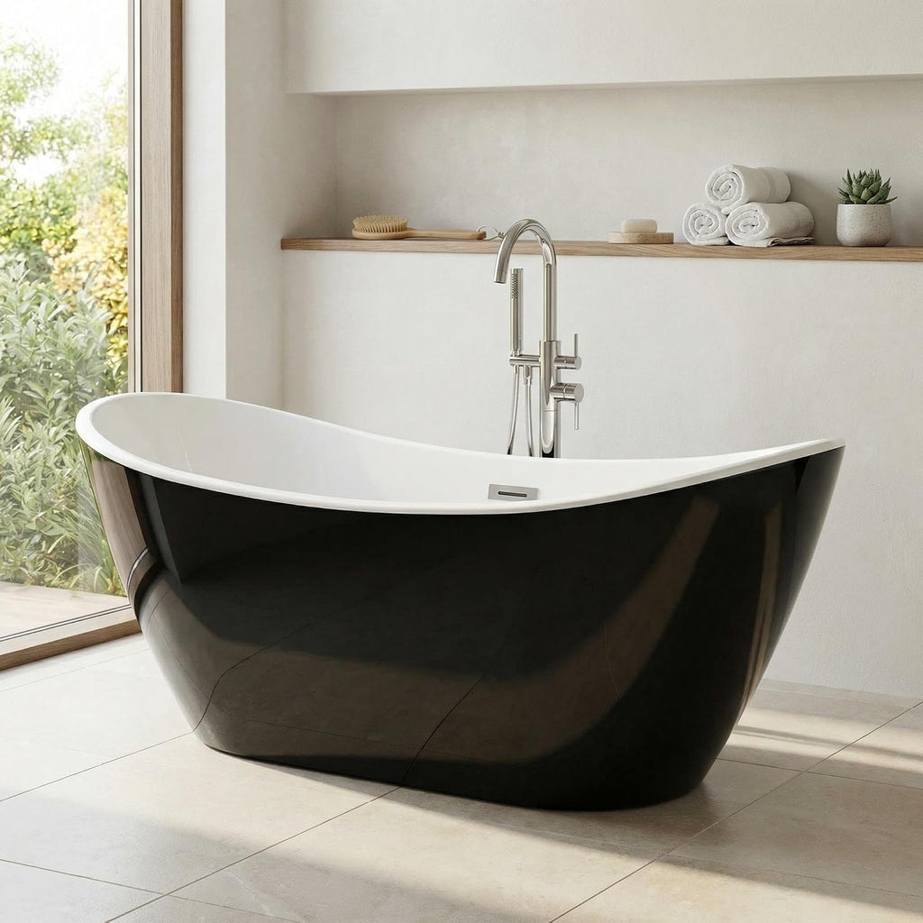 GarveeLife 59 Inch Freestanding Bathtub, Black and White Soaking Tub, Modern Acrylic Standalone Soaker with Matte Black Overflow & Pop-Up Drain, Two-Tone Finish
