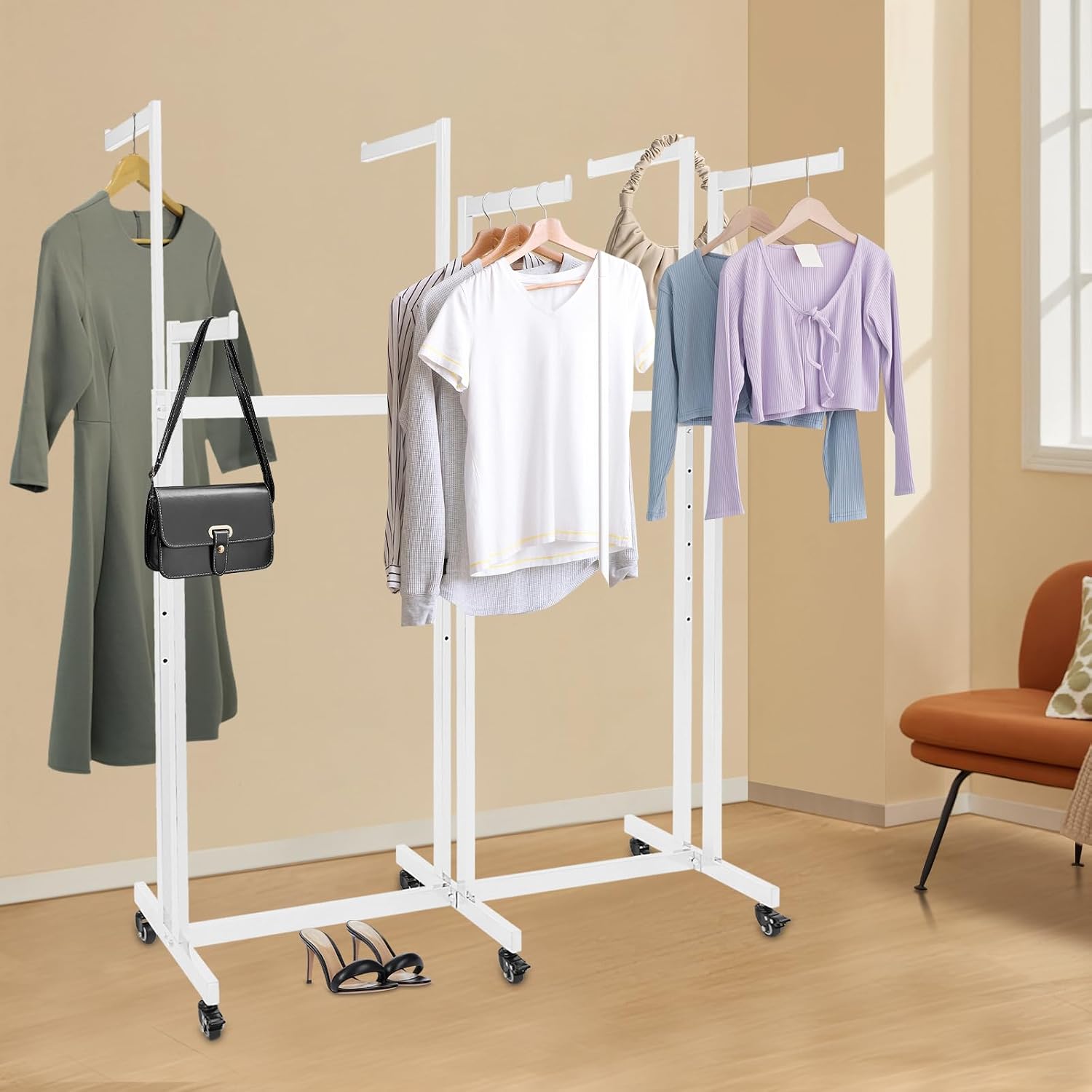 Heavy Duty Garment Rack, Height-Adjustable Clothing Rack with 6 Arms, Floor Standing with Wheels, 165 lbs Load Capacity for Hanging Clothes