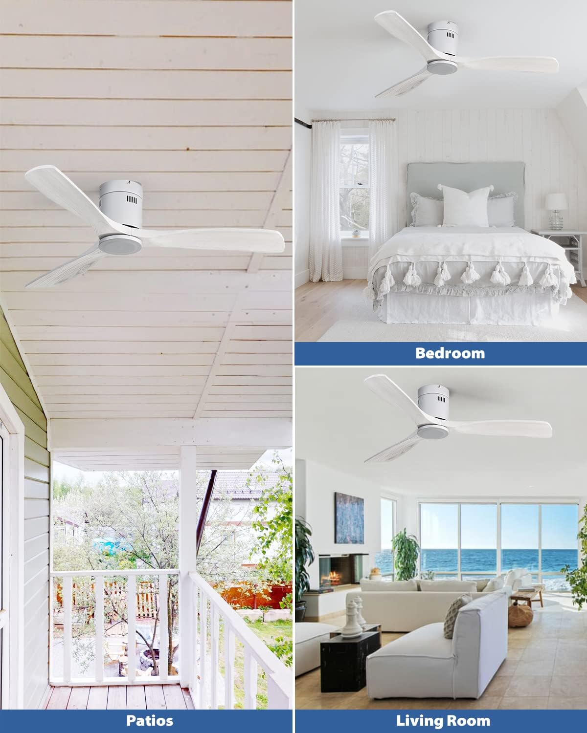 Sofucor 52 Inch Flush Mount Ceiling Fan No Light, Solid Wood Ceiling Fans without Lights Remote Control, Reversible DC Motor, Indoor/Outdoor Ceiling Fans for Bedroom Living Room Farmhouse Patio