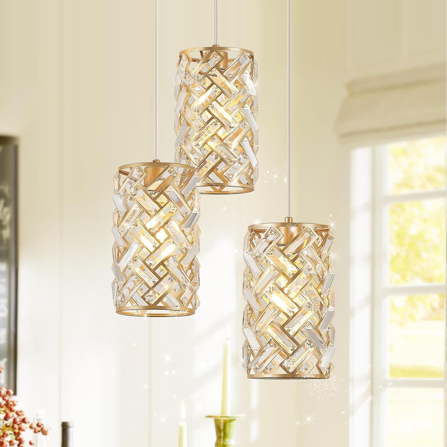 CATINER 3-Light Modern Gold Crystal Pendant Light Luxury Mini Chandelier, Adjustable Cluster Pendant Lighting for Kitchen Island Dinning Room Bedroom Hallway Porch