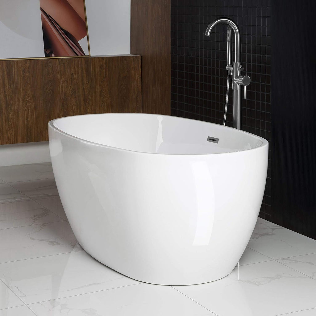 WOODBRIDGE 59' Acrylic Freestanding Bathtub Contemporary Soaking White Tub with Chrome Overflow and Drain,B0018-C