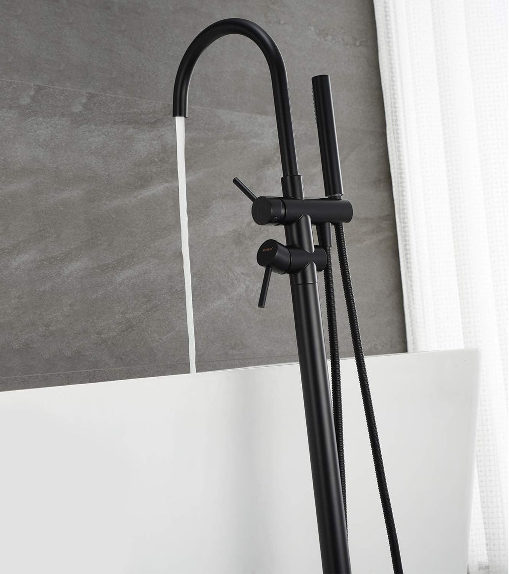 Freestanding Tub Filler Bathtub Faucet Black Floor Mount Brass Bathroom Faucets with Hand Shower