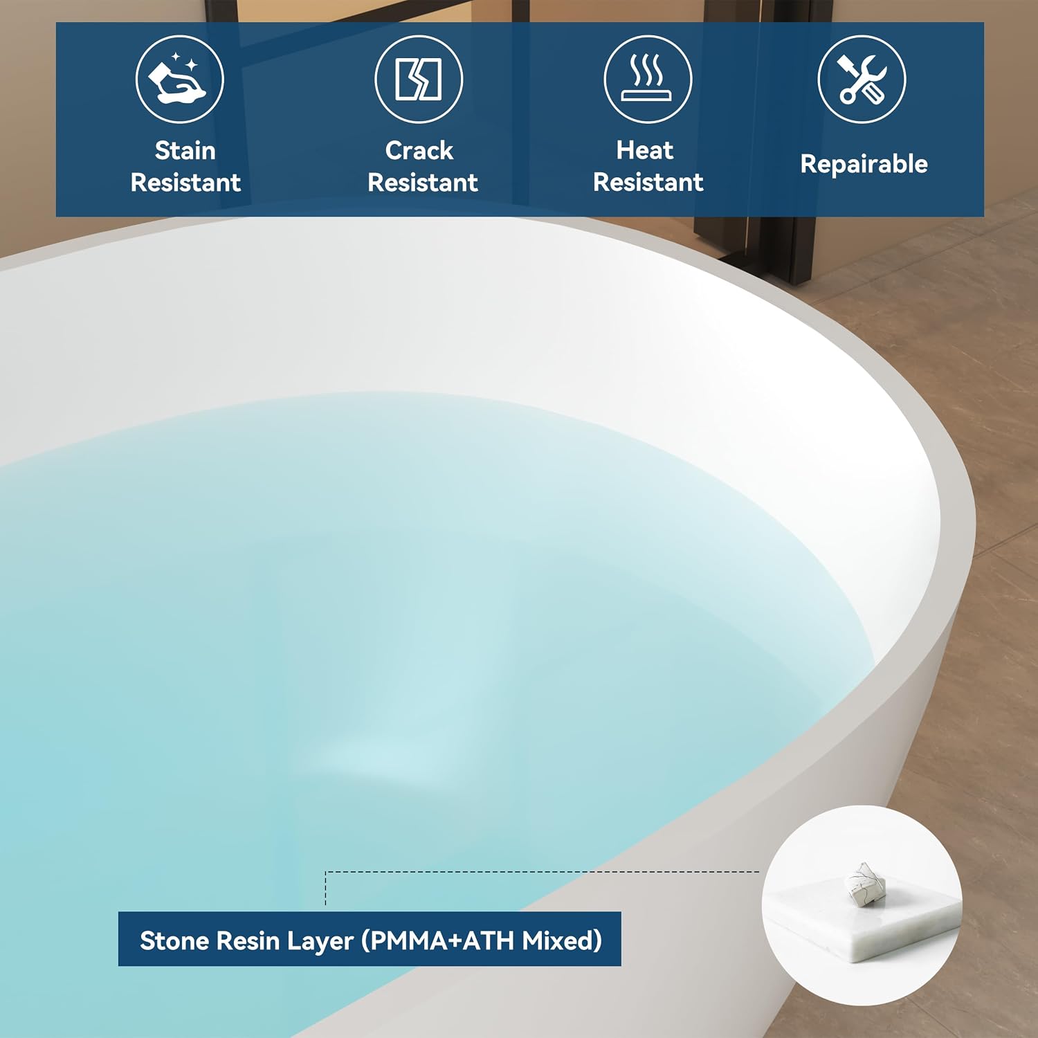 FerdY Fiji 69' Stone Resin Freestanding Bathtub, Classic Oval Shape Soaking Bathtub, Solid Surface Soaking Tub, cUPC Certified, Integrated Slotted Overflow and Matte White Pop-up Drain
