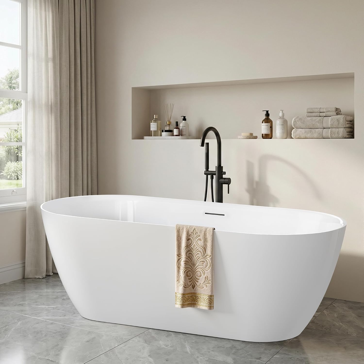 67' Freestanding Bathtub, Oval Deep Soaking Tub for Bathing, Modern Stand Alone Acrylic Bath Tub, with Integrated Overflow & Pop-Up Drain, cUPC Certified, Glossy White Finish
