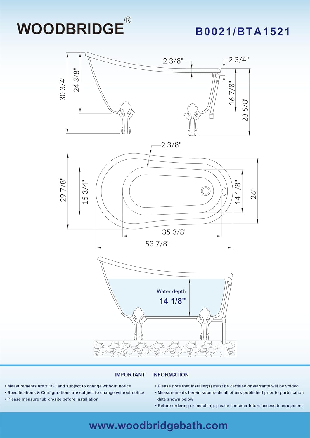 WOODBRIDGE 54' Heavy Duty Acrylic Slipper Clawfoot Bath Tub with Chrome Feet + Drain &Overflow +Chrome-Faucet