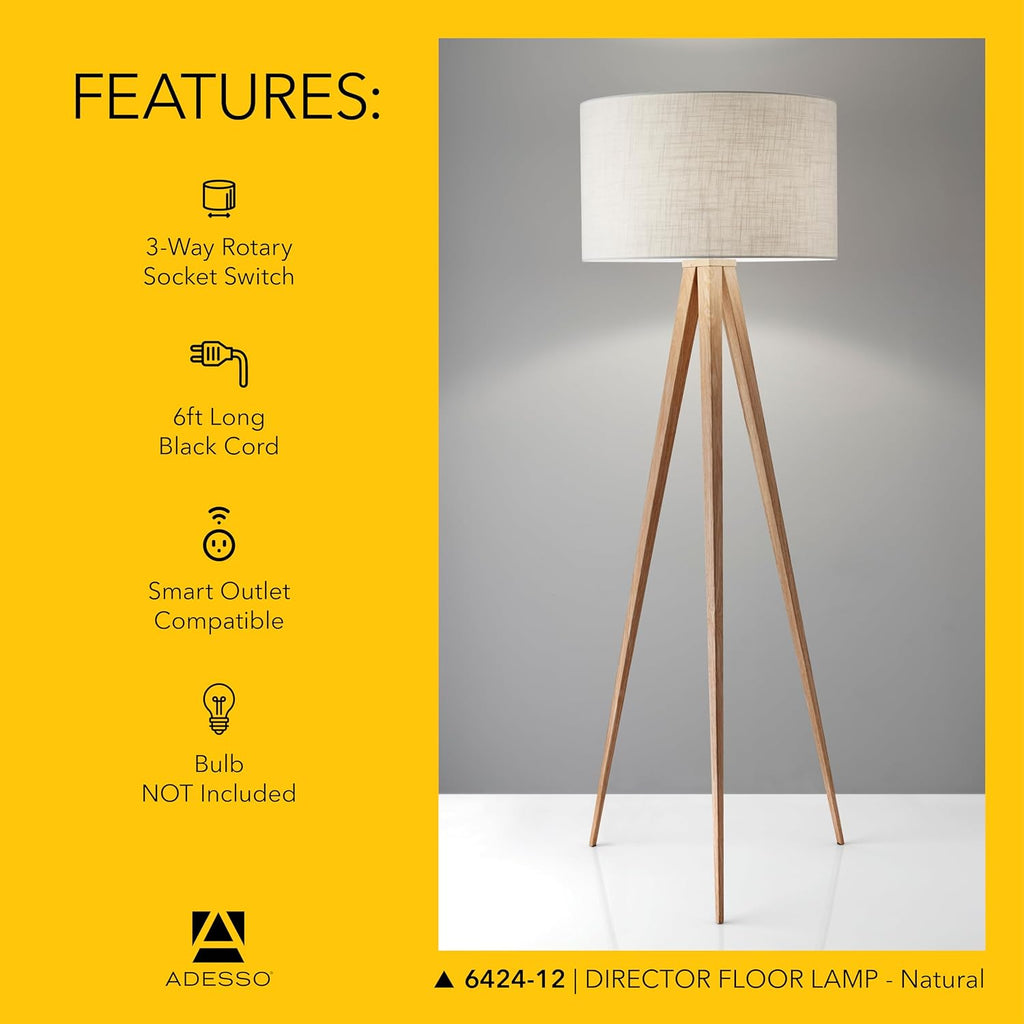 Adesso Floor Lamp with Natural Oak Veneer and Off-White Fabric Lampshade – 3-Way Adjustable Brightness, Lamp for Bedroom, Living Room, and House Décor, 60.25' x 21'
