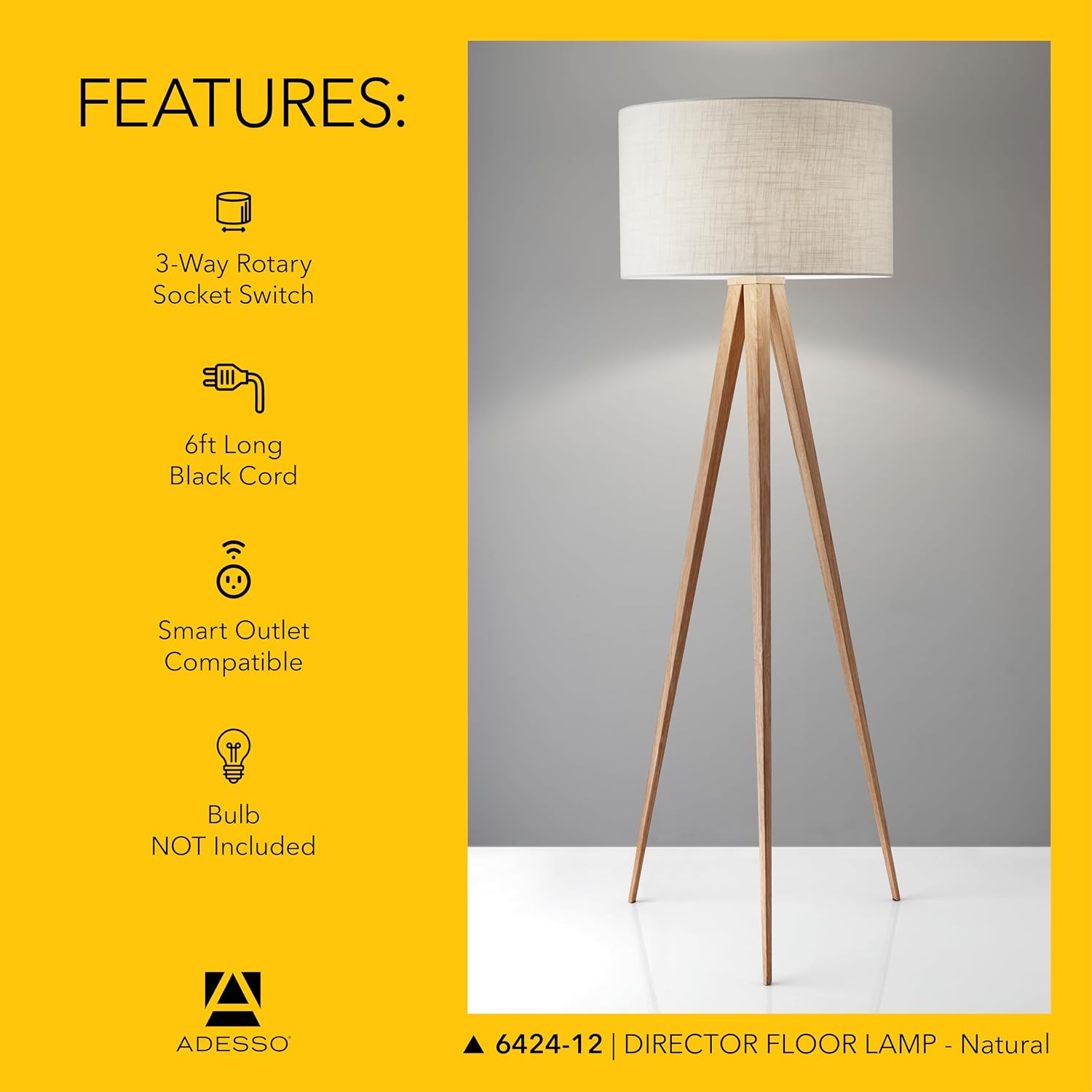 Adesso Floor Lamp with Natural Oak Veneer and Off-White Fabric Lampshade – 3-Way Adjustable Brightness, Lamp for Bedroom, Living Room, and House Décor, 60.25' x 21'