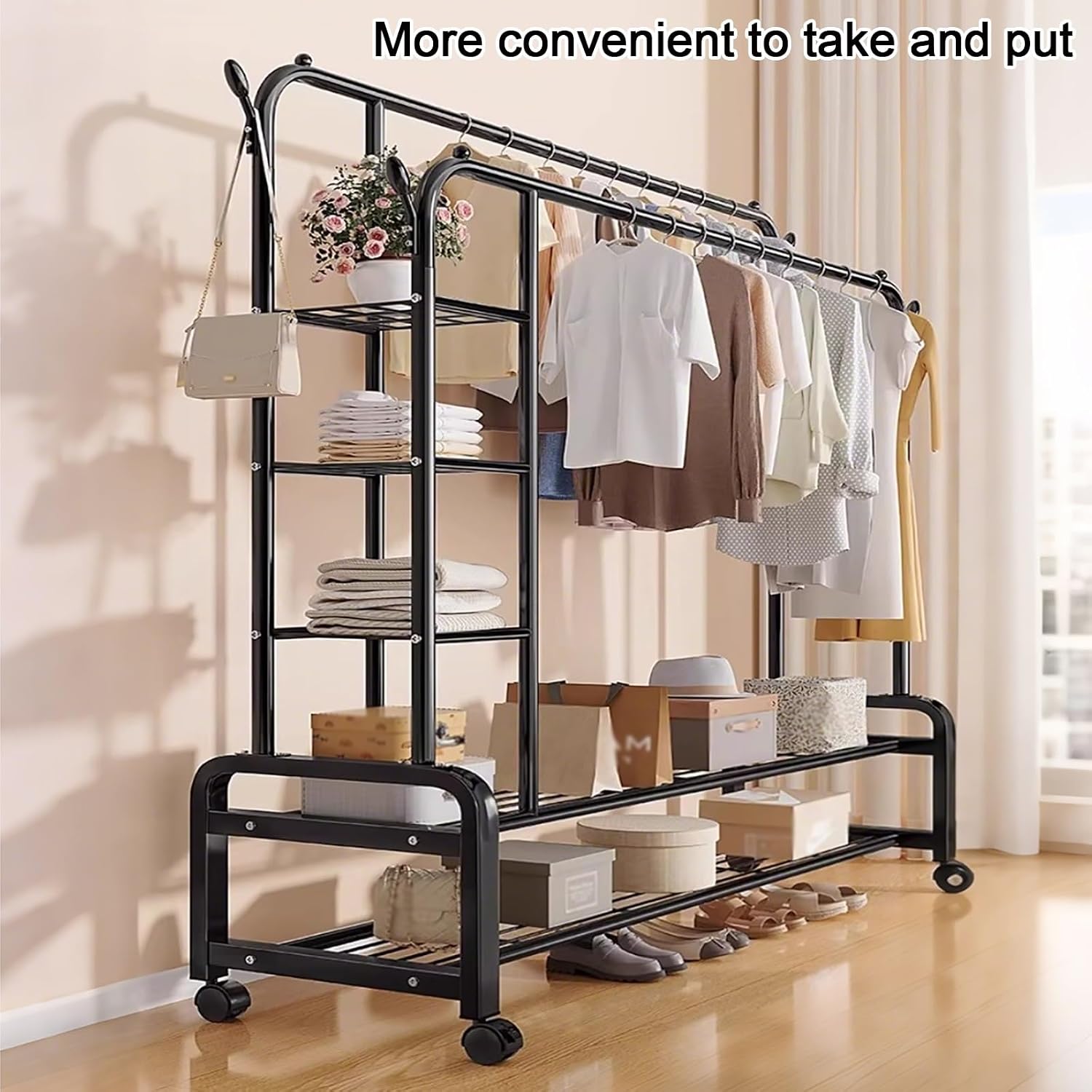 Metal Clothes Rack,Rolling Clothing Racks,Garment Rack With Storage Shelves And Coat/Hat Hooks,Freestanding Clothing Organizer For Bedroom Living Room(150cm/59in)