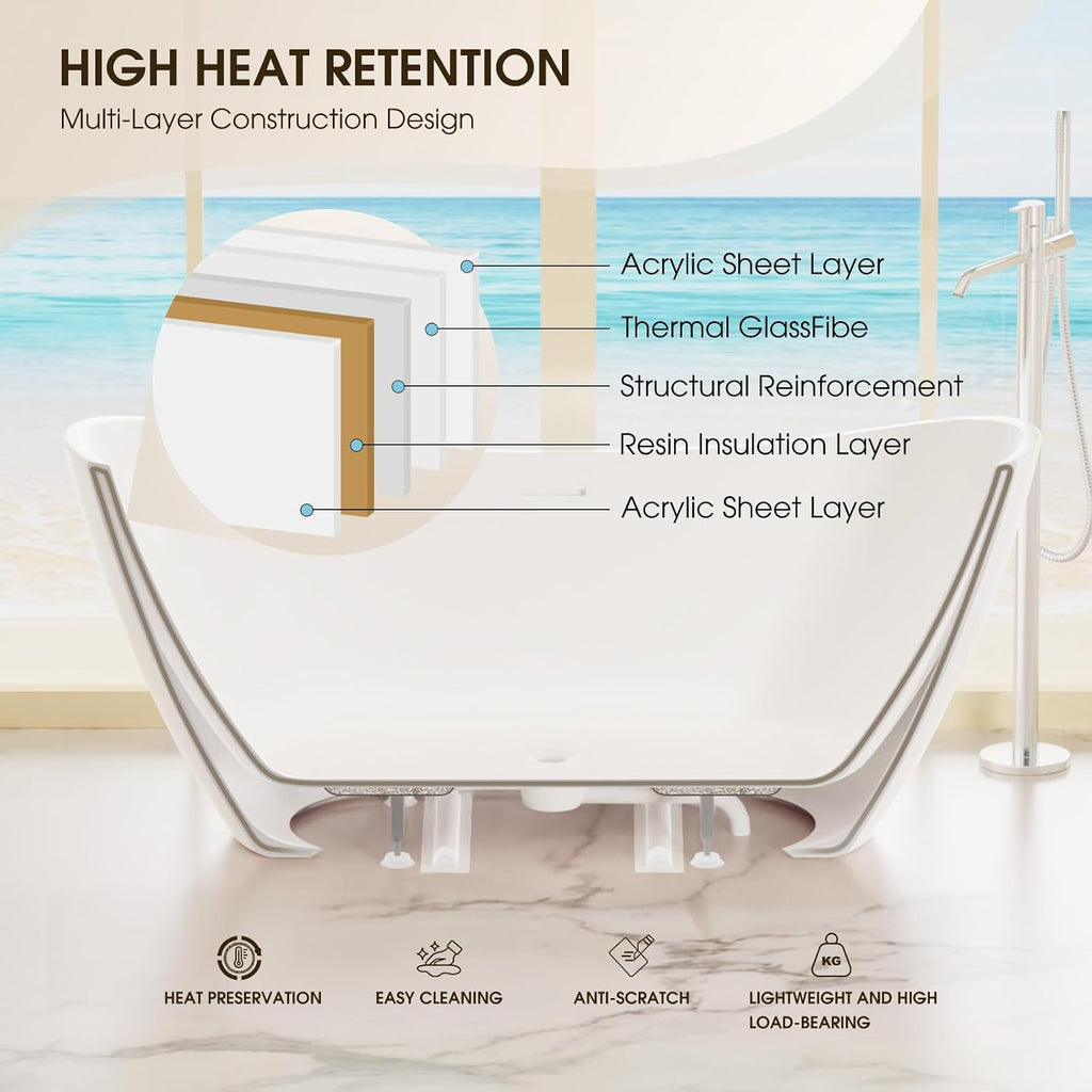 67' Acrylic Freestanding Bathtub,14' Deep Soaking Tub with Integrated Overflow & Drain,2 Person Soaking Tub,CUPC Certified, Chrome Drain Bath Tub,Modern Tub for Bathrooms,Double Backrest White