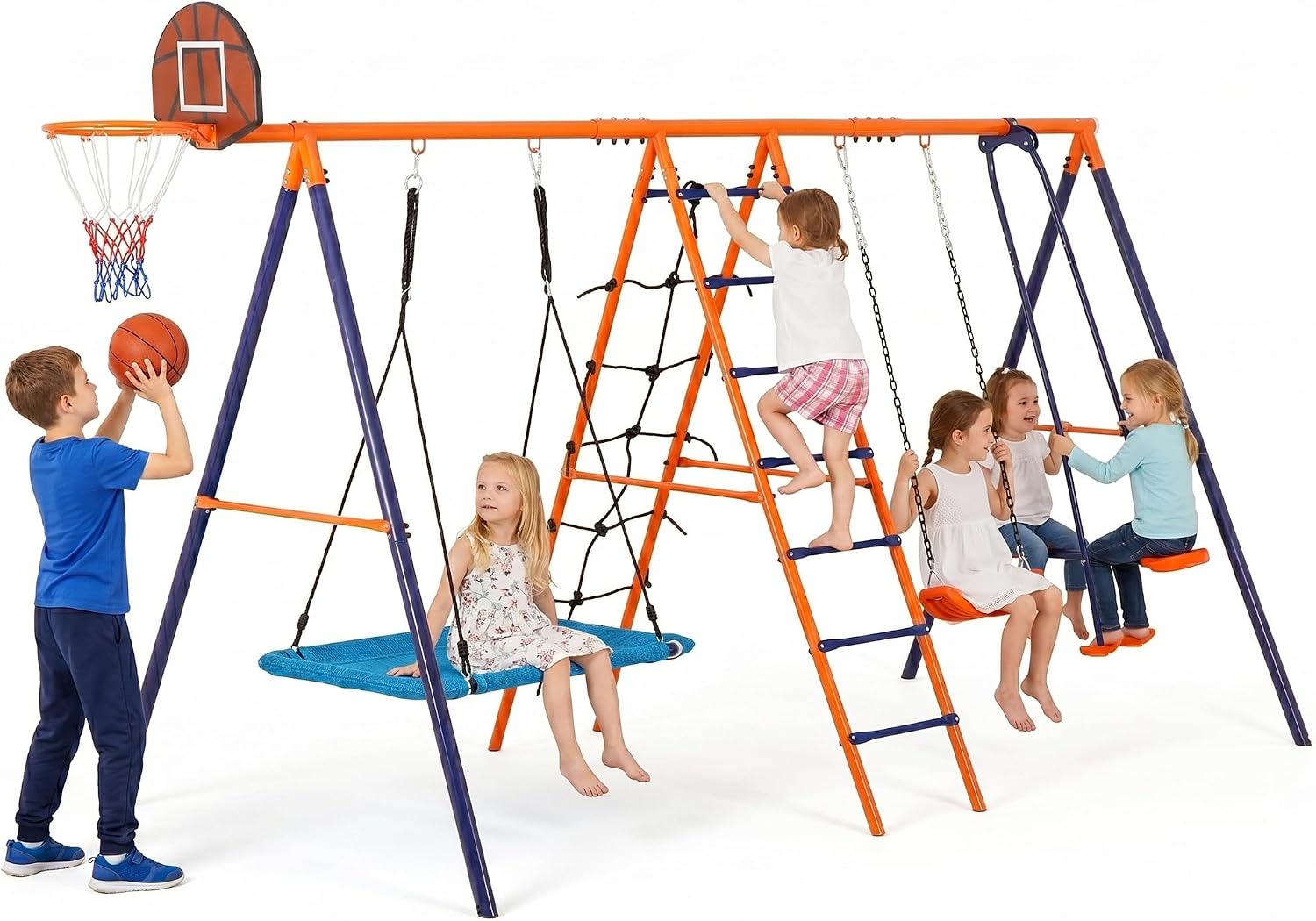 SUPER DEAL 6-in-1 Outdoor Swing Set for Kids, Heavy Duty Metal Playset with Adjustable Swings, Climbing Ladder, Rope Net, Swing Glider and Basketball Hoop, Backyard Playground Equipment for Ages 3-12
