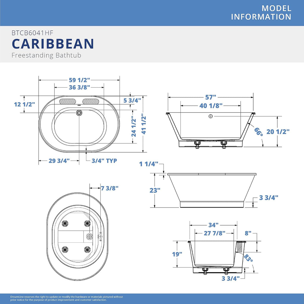 DreamLine Caribbean 60 inch L x 23 inch H White Acrylic Freestanding Bathtub