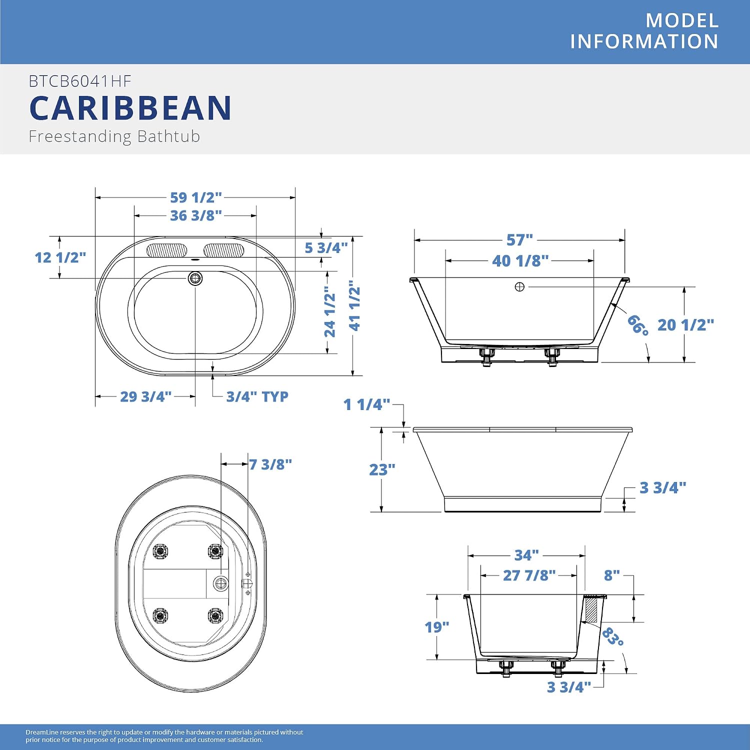 DreamLine Caribbean 60 inch L x 23 inch H White Acrylic Freestanding Bathtub
