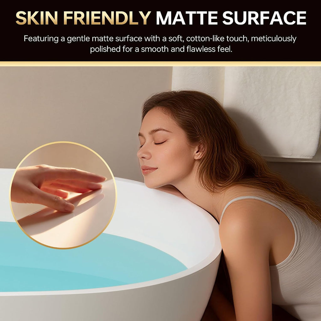 WOODBRIDGE 59' Stone Resin Freestanding Soaking Tub, Modern Oval Solid Surface Bathtub with Integrated Slotted Overflow & Drain, Matte White, B0055