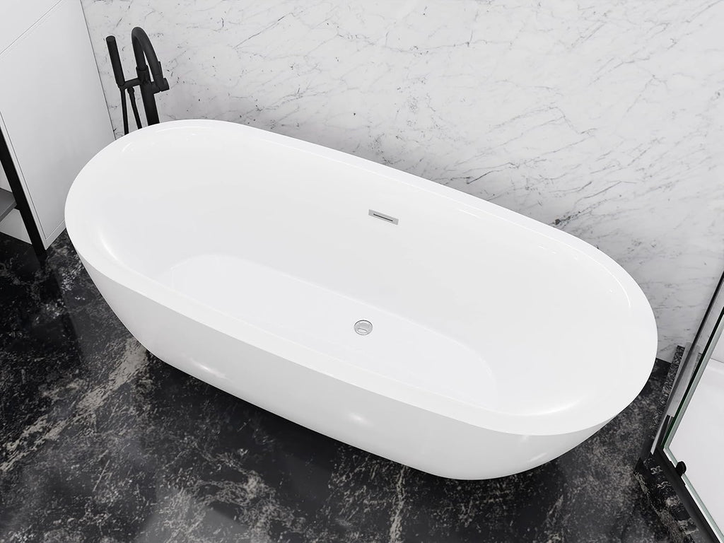ANZZI Freestanding Bathtub Acrylic 59 In Flat Bottom Soaking Tub Glossy White One Piece Center Drain Overflow Included Slip Resistant Floor Adjustable Feet 79 Gal Capacity Ami Series | FT-AZ401-59