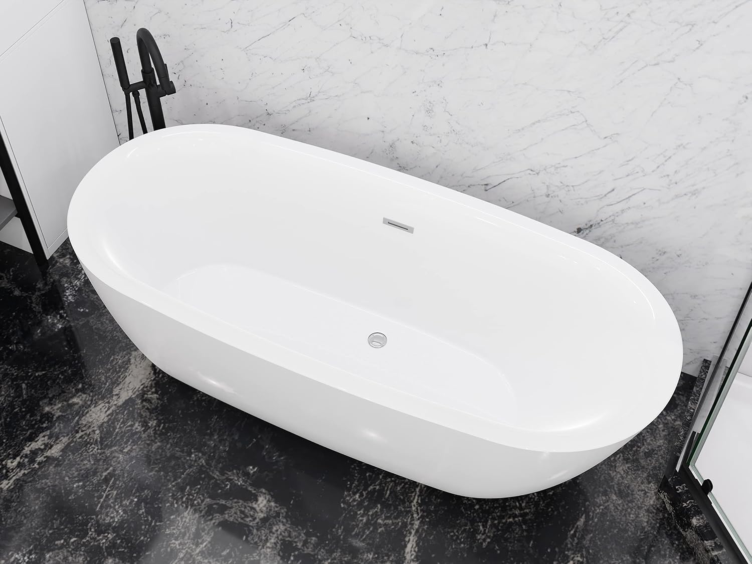 ANZZI Freestanding Bathtub Acrylic 59 In Flat Bottom Soaking Tub Glossy White One Piece Center Drain Overflow Included Slip Resistant Floor Adjustable Feet 79 Gal Capacity Ami Series | FT-AZ401-59