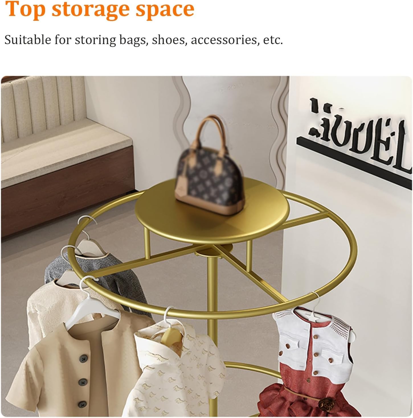 Gold Garment Rack with Casters, 360° Rotating Kids Clothing Display Rack with Top Shelf, Multi-Tier Metal Organizer for Children Clothes, Retail Boutique & Home Closet Storage