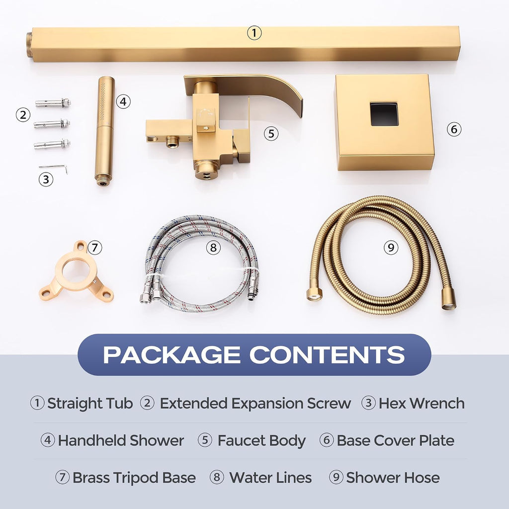 Waterfall Freestanding Bathtub Faucet, Floor Mount Bathroom Tub Filler Shower Faucets with Handheld Sprayer, Brushed Gold