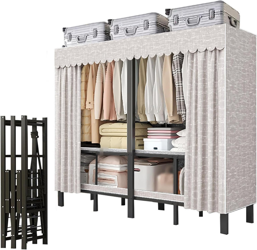 Wardrobe Clothes Organizer - Heavy Duty Metal Garment Rack With Fabric Cover And 2 Hanging Rods, Portable Foldable Wardrobe Closet, Fabric Wardrobe Closet, Load 1200 Lbs For Hanging Clothes(150cm/59.1