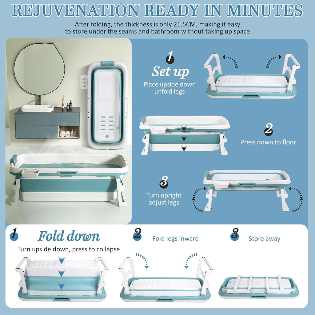 51 Inch Foldable Bathtub for Adults, Large Portable Tub for Shower, Effortless Collapsible Bathtub Adult for Spacious Bathrooms & Outdoor Use, Ideal for Ice Baths & Hot Baths (Blue-Green, 51 Inch)