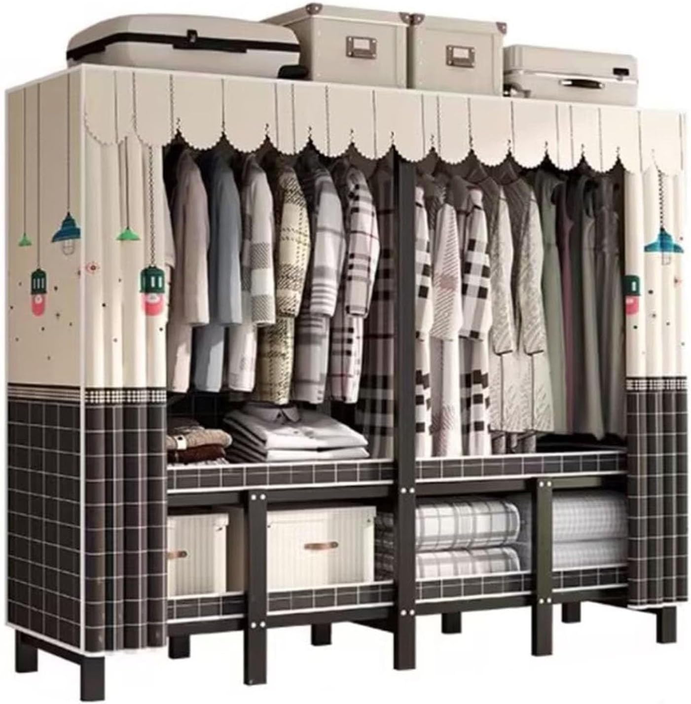 Metal Wardrobe Closet - Bedroom Fabric Wardrobe, Portable Wardrobe Closet Rack, Heavy-Duty Foldable Garment Rack With Cover, 1100lbs, Freestanding Rack Clothes Organizer System, For Corridor(168*50*17