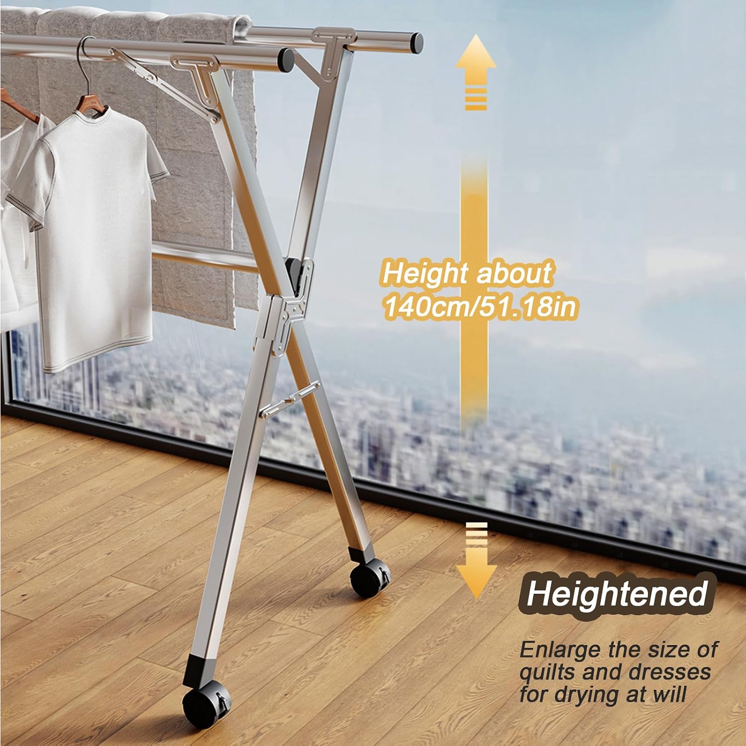 94in Drying Rack Clothing Foldable - Retractable Clothes Racks for Hanging Clothes - Stainless Steel Laundry Drying Rack with Wheels - Collapsible Garment Rack Free Installed