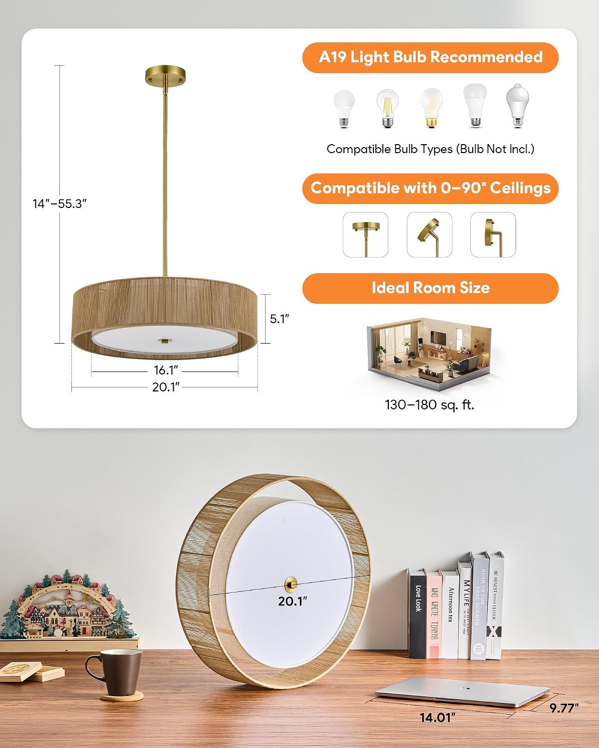 VONLUCE 20' Boho Rattan Chandelier, 4-Light Drum Chandelier with 2-Tier Woven Lampshade, Rattan Ceiling Light for Dining Room Bedroom Living Room with E26 Sockets, Gold Finish, ETL Certified