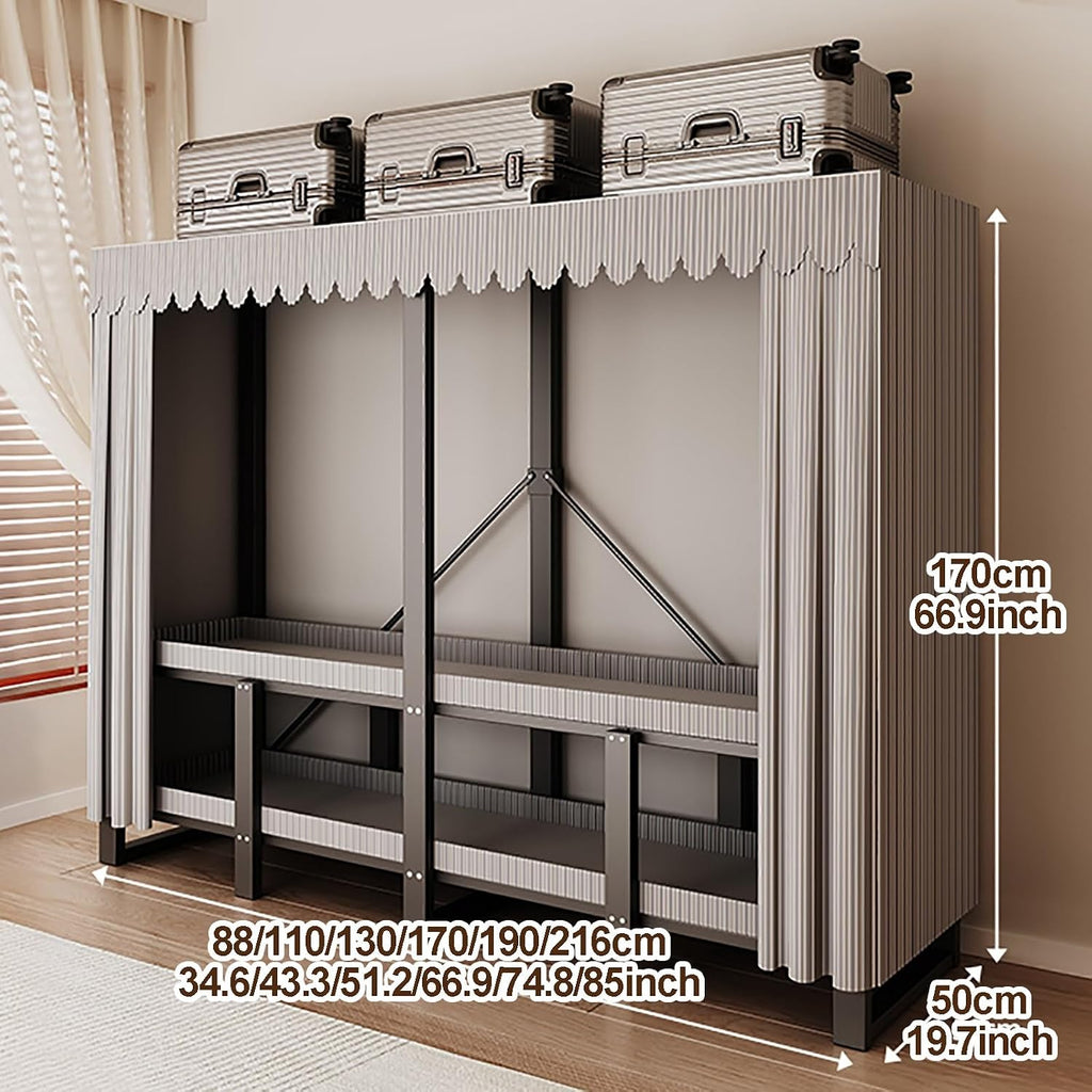 Heavy Duty Portable Wardrobe Closet With Cover, Metal Closet Rack For Hanging Clothes, Portable Foldable Garment Rack, Metal Clothing Organizer For Bedroom(Grey3,110cm/43.3inch)