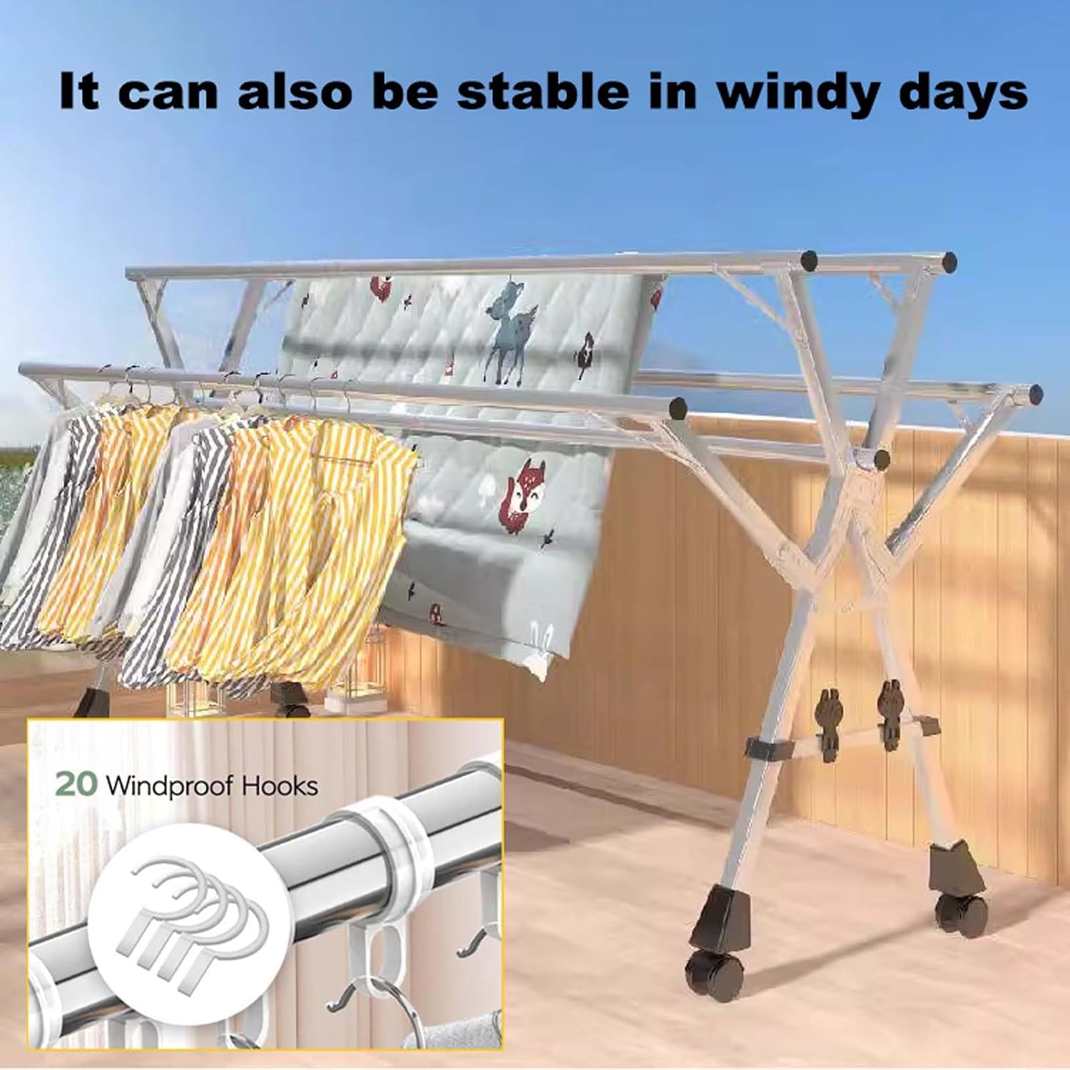 HUHJYUGE Foldable Drying Rack Clothing, Laundry Drying Rack Extendable, Stainless Steel Pool Towel Rack, Free Standing Clothing Hanger, Collapsible Garment Rack, Windproof Hooks
