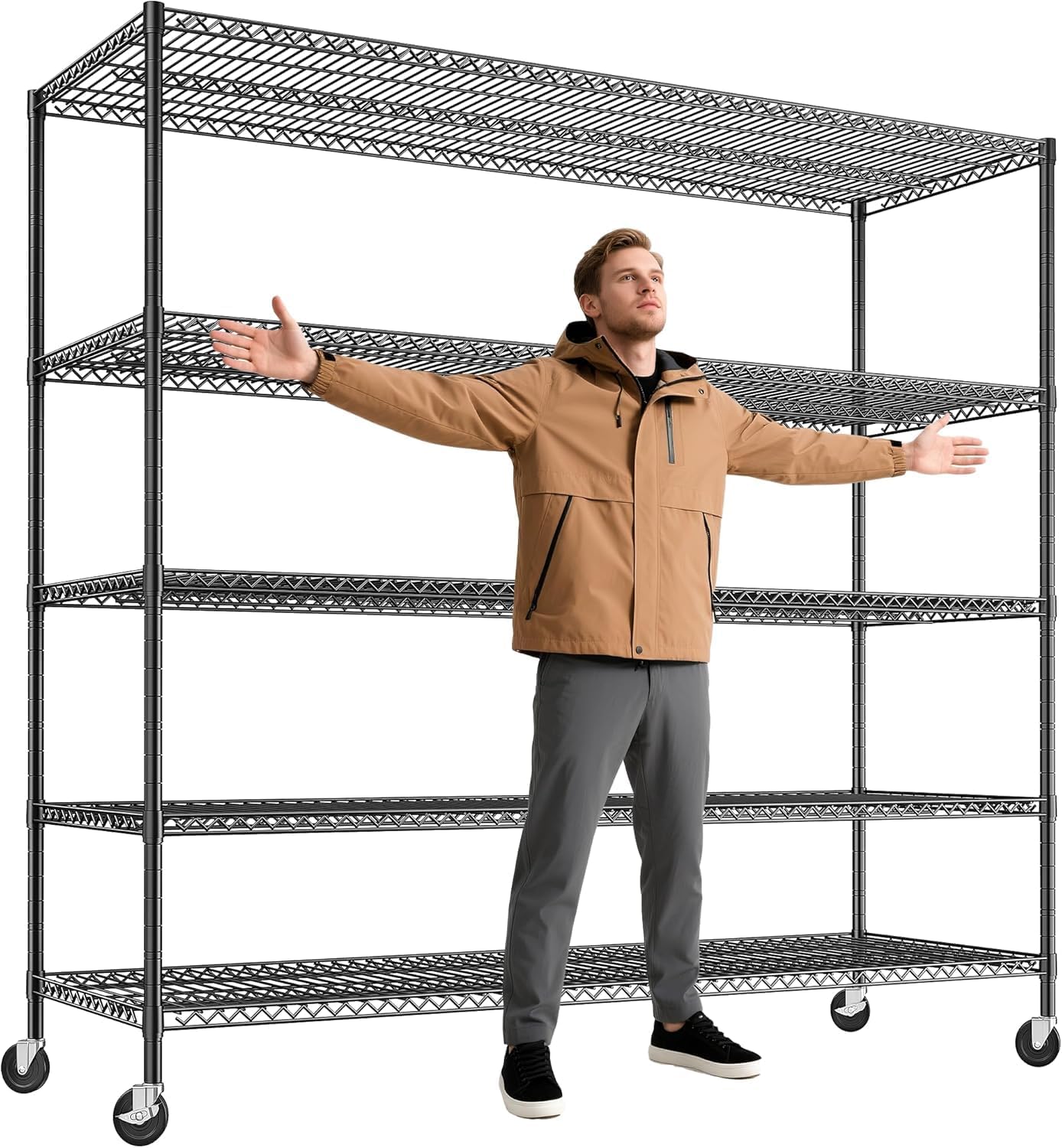 REIBII 85.7'H Garage Shelving 2998LBS Storage Shelves with Wheels&Feet,5 Tier Garage Shelves Heavy Duty Adjustable Wire Shelving for Basement Commercial Industrial Pantry, 85.7'H X 55.5'W X 24.2'D