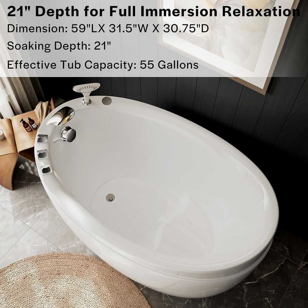 Empava Bathtub,59 Inch Soaking Tub with Chrome Faucet & Showerhead, Oval Deep Soak Acrylic bathtub with Integrated Seat, Japanese Style Design, Slip-Resistant Floor, Glossy White