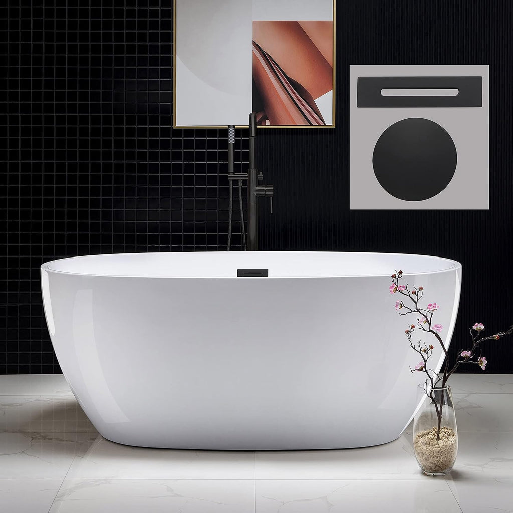 WOODBRIDGE 59'Freestanding White Acylic Soaking Bathtub with Matte Black Drain and Overflow,BTA1518 -MB-Drain &O