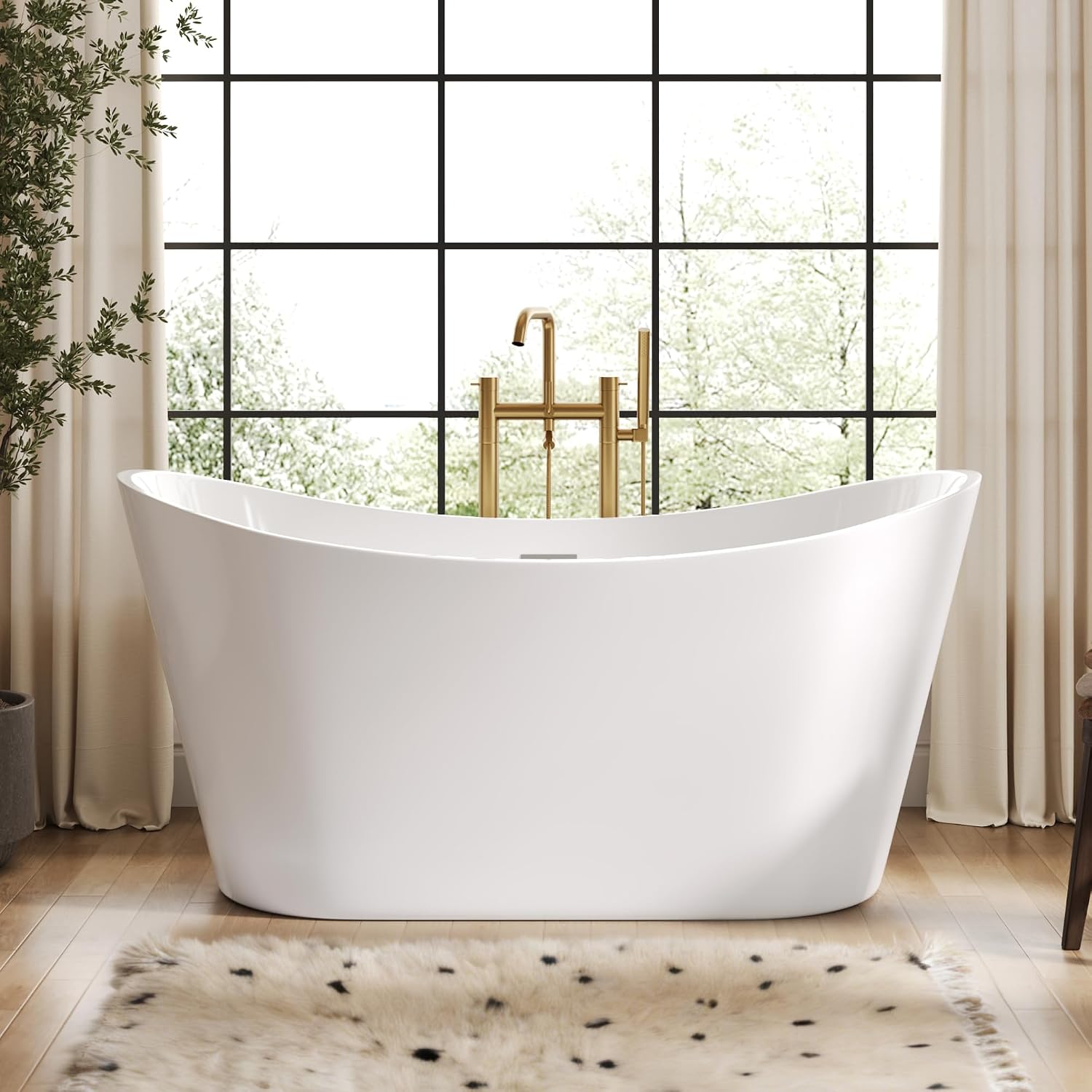 DeerValley 59' Free Standing Bathtub, Acrylic Soaking Tub with Center Drain & Integrated Overflow, Modern Standalone Shower Tub White, Deep Soaker, Ergonomic Design, DV-1T151S