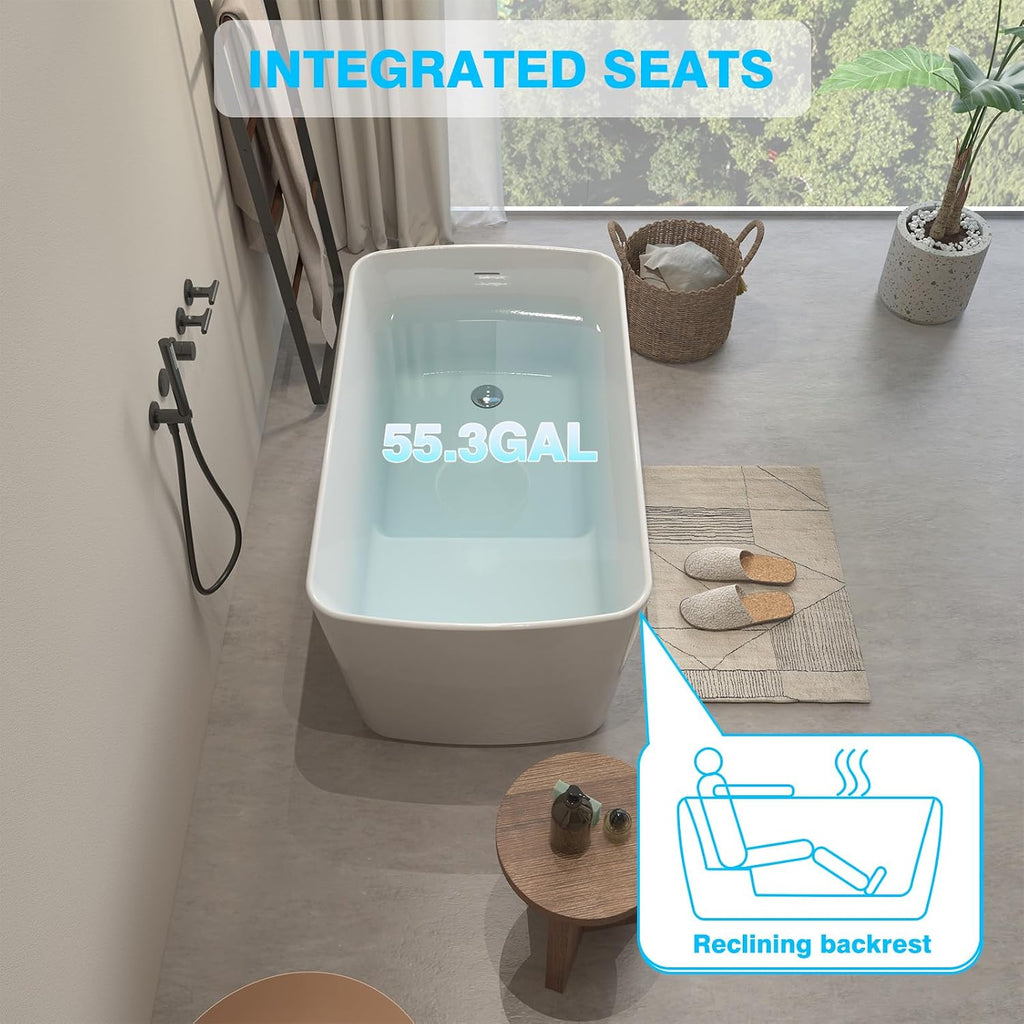 Acrylic Freestanding Bathtub - 49 Inch Square Japanese Soaking Tub with Seat, Chrome Pop-Up Drain, Overflow - cUPC Certified, Glossy White