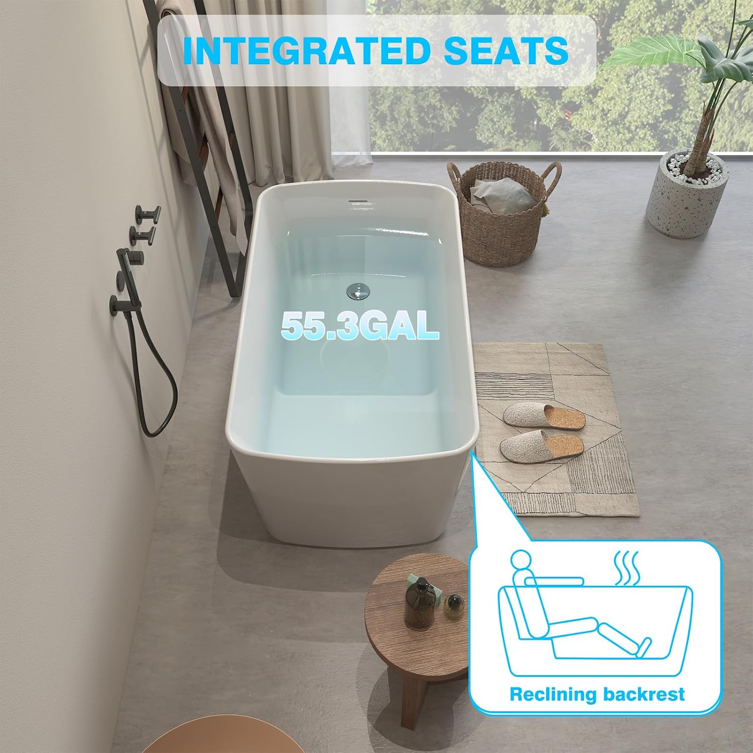 Acrylic Freestanding Bathtub - 49 Inch Square Japanese Soaking Tub with Seat, Chrome Pop-Up Drain, Overflow - cUPC Certified, Glossy White