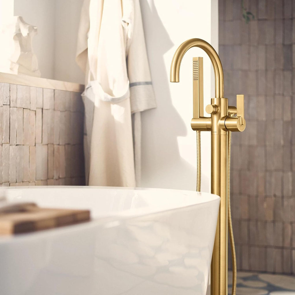 Moen Cia Brushed Gold One Handle Freestanding Floor Mount Tub Filler with Handshower, 615BG