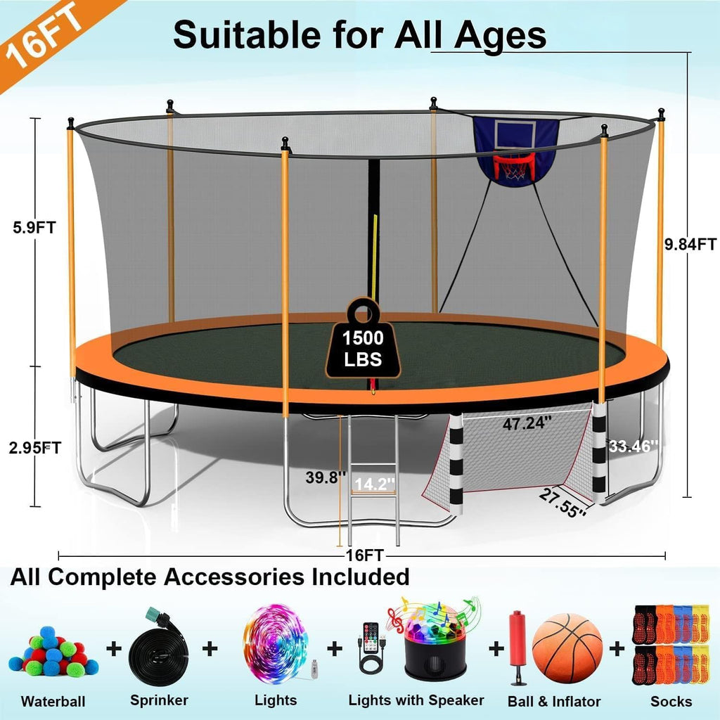 1500LBS 10FT 12FT 14FT 15FT 16FT Trampoline with LED Lights, Sprinkler, Music Speaker and Socks, ASTM Approved Outdoor Trampoline for Kids and Adults, Backyard Trampolines with Net Enclosure