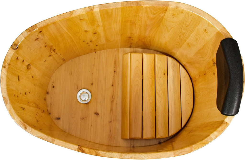 34 Inches Small Handcrafted Free Standing Wooden Bathtub, Portable Deep Soaking Tub for Relaxation, Natural Cedar Wood, Ideal for Home Spas and Bathroom Renovations, Perfect Hot Tub Option