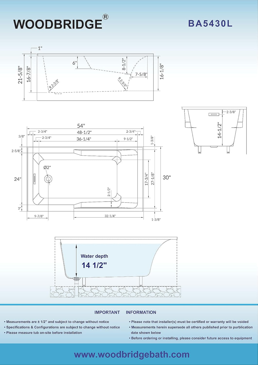 WOODBRIDGE 54' Acrylic Rectangular Alcove Soaking Bathtub in White with Left Drain, Chrome pop-UP Drain Included BA5430L