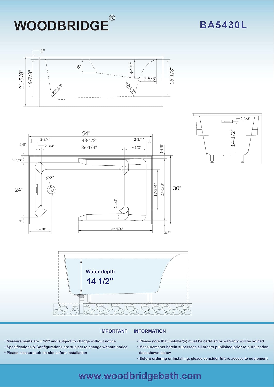WOODBRIDGE 54' Acrylic Rectangular Alcove Soaking Bathtub in White with Left Drain, Chrome pop-UP Drain Included BA5430L