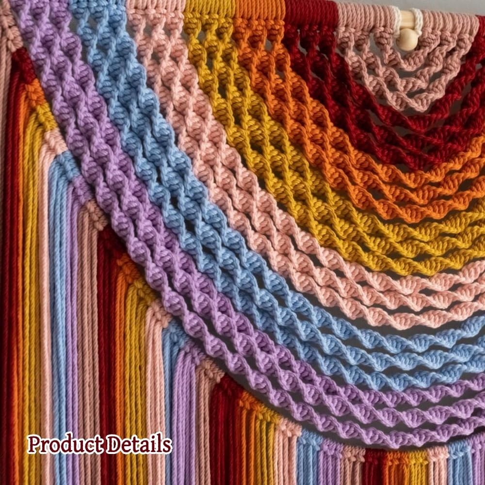 Colorful Cotton Wall Tapestry, Boho Tapestry with Solid Wood Rod, Hand Woven Large Macrame Wall Hanging, Exquisite Woven Wall Decor for Living Room and Bedroom