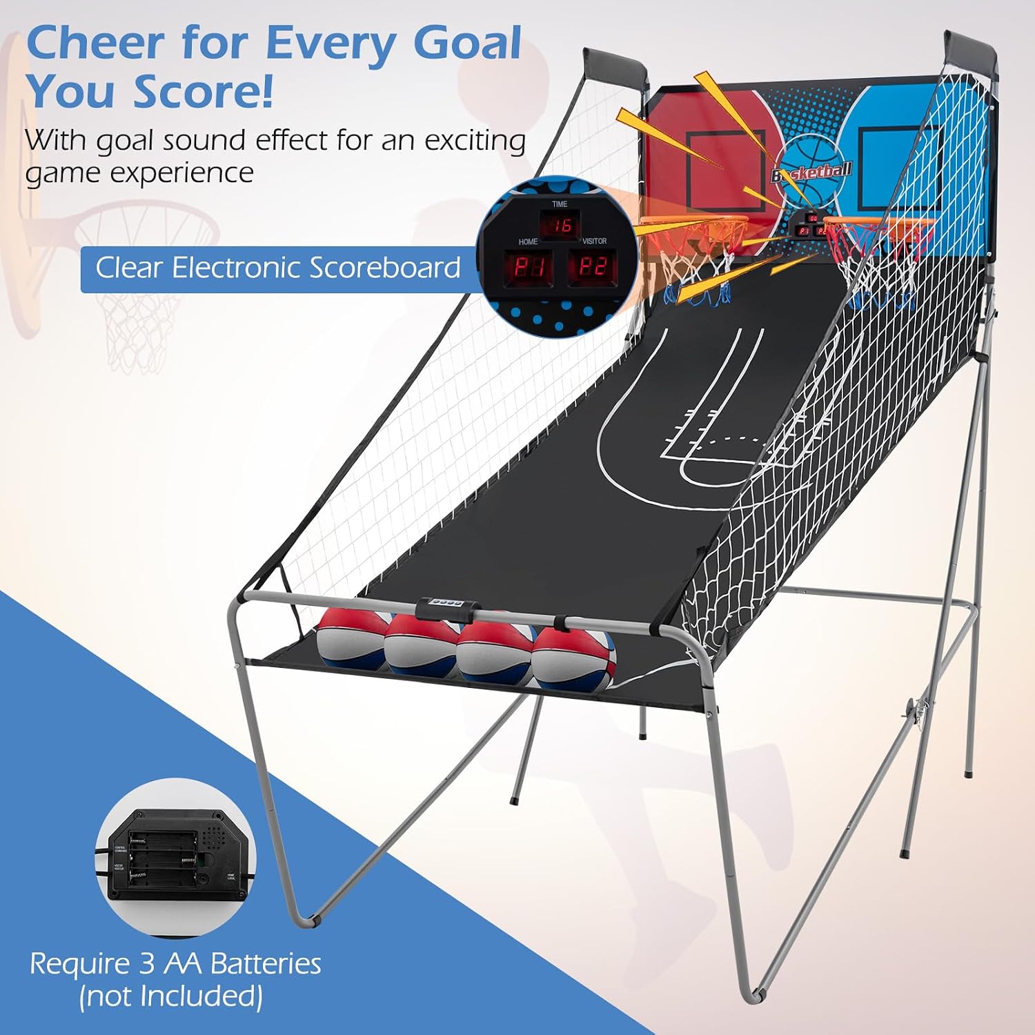 Goplus Foldable Dual Shot Basketball Arcade Game, Electronic Basketball Hoop w/LCD Scoreboard, 8 Game Modes, 4 Balls, Indoor Outdoor Basketball Game Machine for Adults (Red+Navy)
