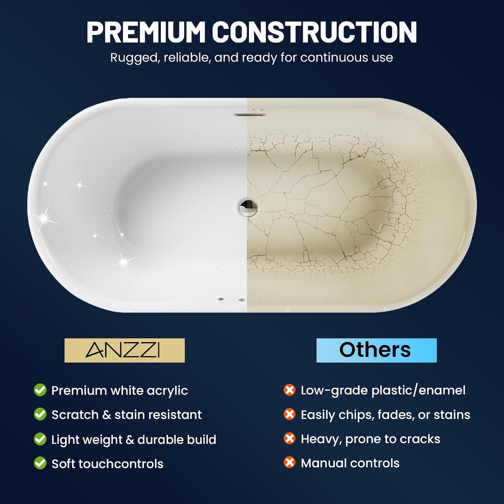 ANZZI 67' Freestanding Tub, Air Bubble Acrylic Freestanding Bathtub, White Acrylic + Fiberglass, Soaking Tub, Drain and Overflow, Light Up Control Pad (AMZ-FT-67)