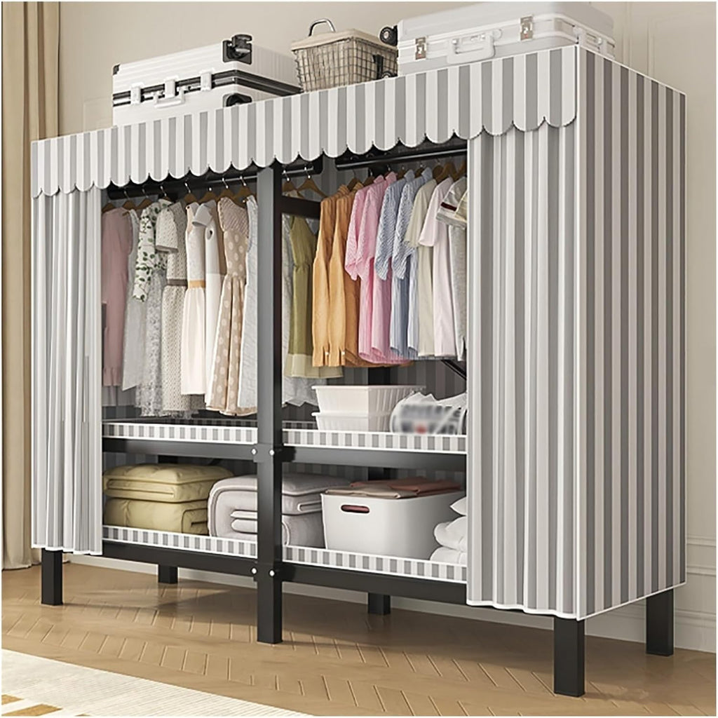 Heavy Duty Wardrobe Closet With Cover, Portable Metal Garment Rack With Hanging Rods, Foldable Clothing Rack For Hanging Clothes, For Bedroom(Grey1,150cm/59.1inch)